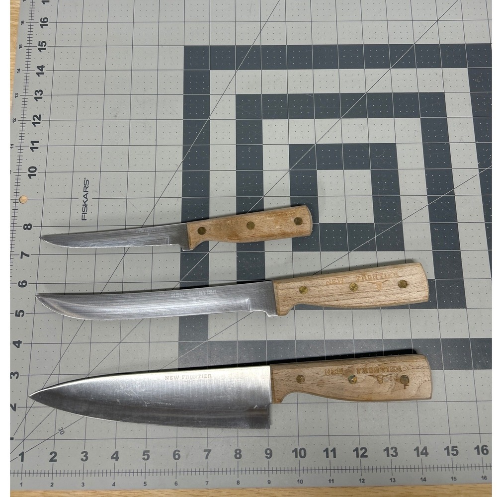 New Frontier Kitchen Knife Set Brown Wood Handle Stainless Steel 3pc Japan